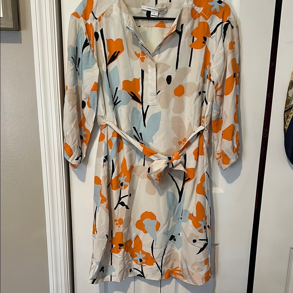 Diane Von Furstenberg Orange and Blue Floral Long Sleeve Dress